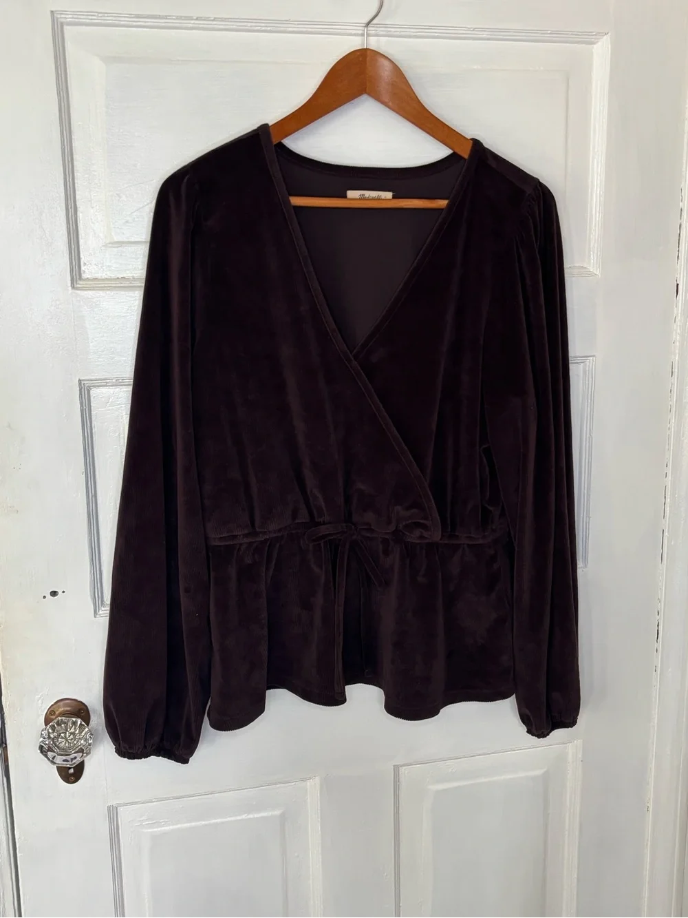 Madewell Tie Front Faux Wrap Corduroy Blouse in Spiced Raisin
